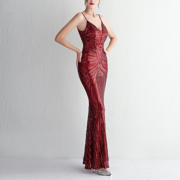 Glamorous Red Sequin Mermaid Gown /Old Hollywood Formal Dress - Picture 4 of 7